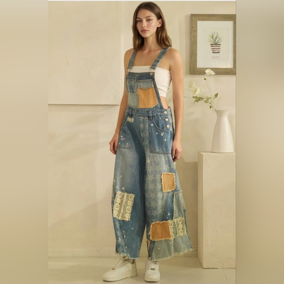 #1374 Oli & Hali Boho Starlight Patchwork Wide-Leg Denim Overalls - Picture 5 of 8